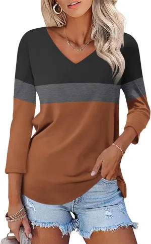 Women's V Neck 3/4 Sleeve Tops Color Block/Solid Shirts Basic Summer Tees