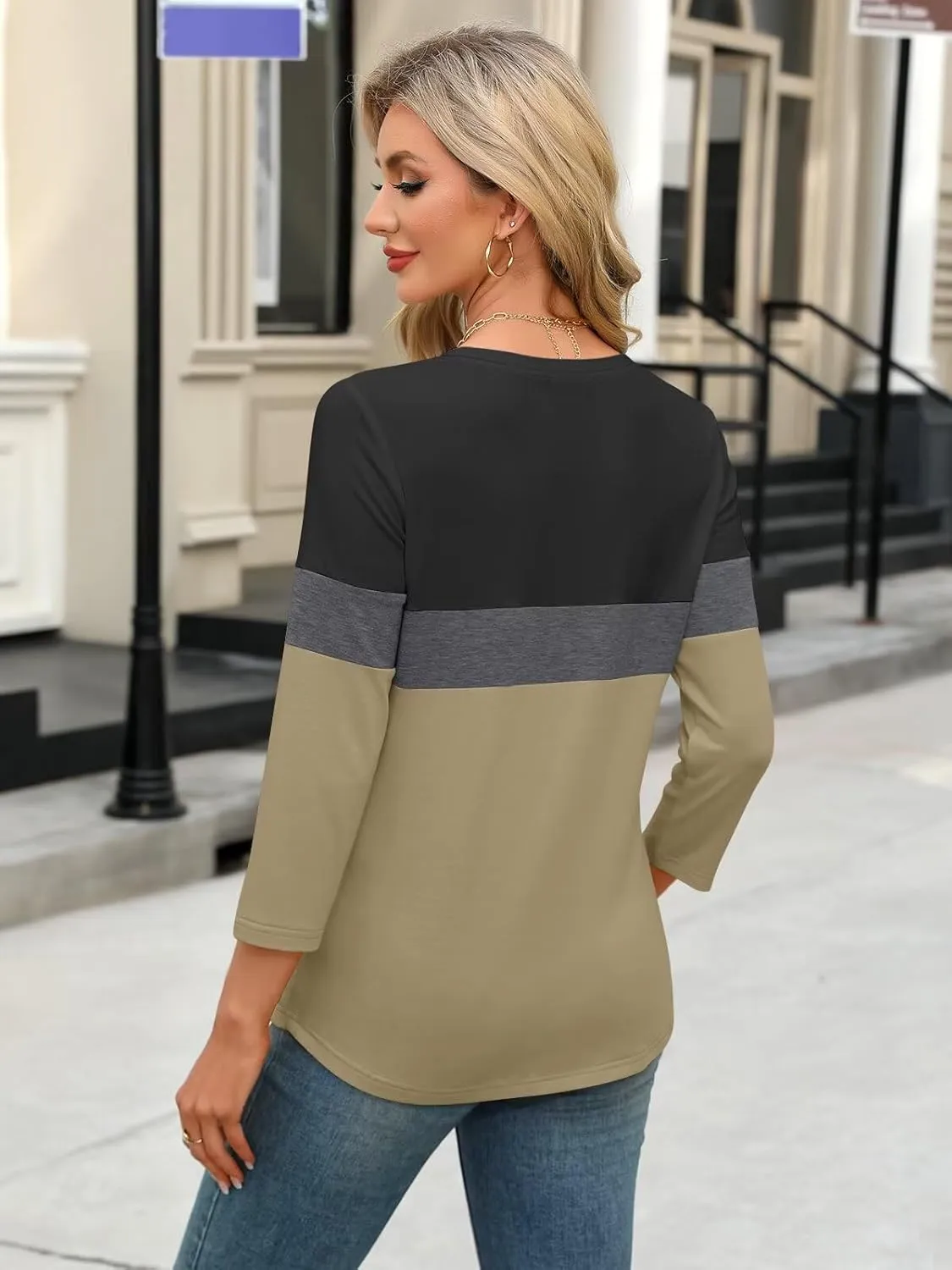 Women's V Neck 3/4 Sleeve Tops Color Block/Solid Shirts Basic Summer Tees