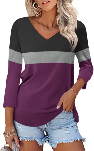 Women's V Neck 3/4 Sleeve Tops Color Block/Solid Shirts Basic Summer Tees