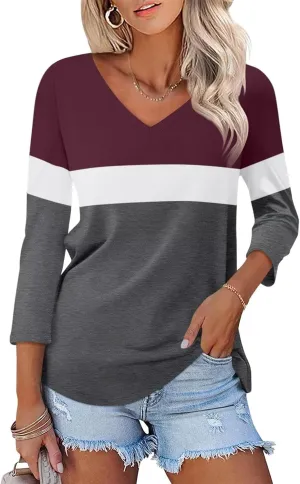 Women's V Neck 3/4 Sleeve Tops Color Block/Solid Shirts Basic Summer Tees