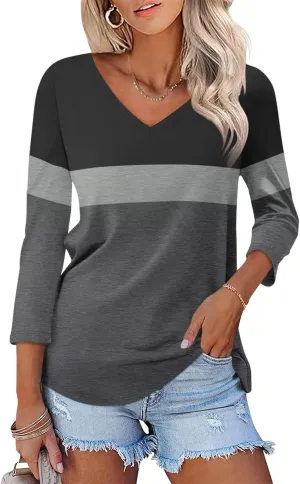 Women's V Neck 3/4 Sleeve Tops Color Block/Solid Shirts Basic Summer Tees