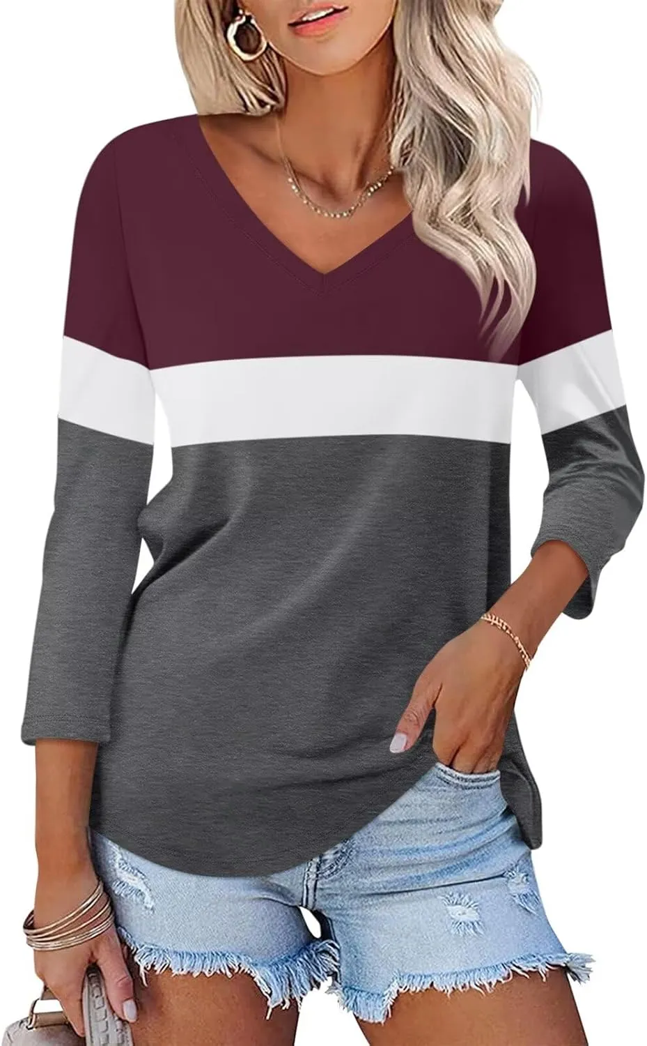 Women's V Neck 3/4 Sleeve Tops Color Block/Solid Shirts Basic Summer Tees