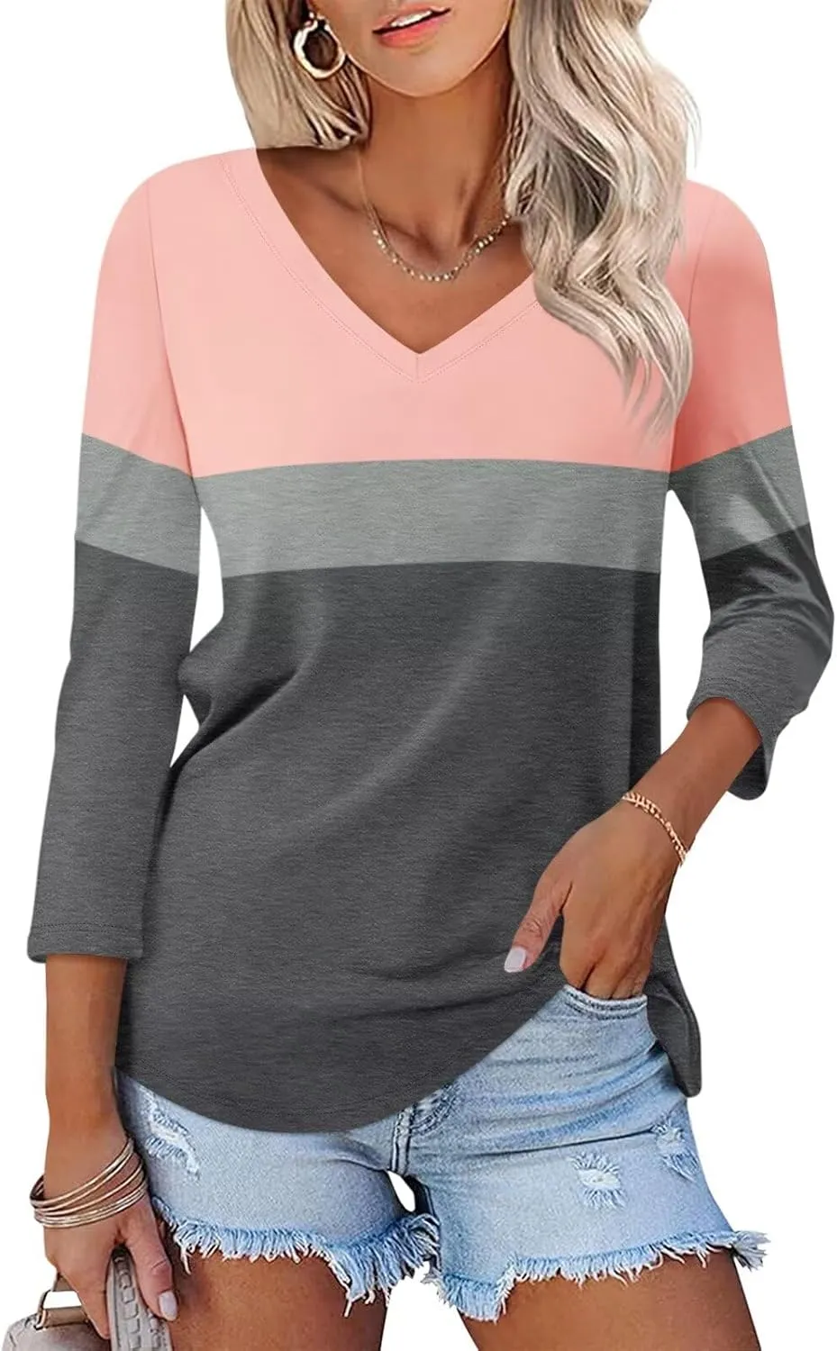 Women's V Neck 3/4 Sleeve Tops Color Block/Solid Shirts Basic Summer Tees