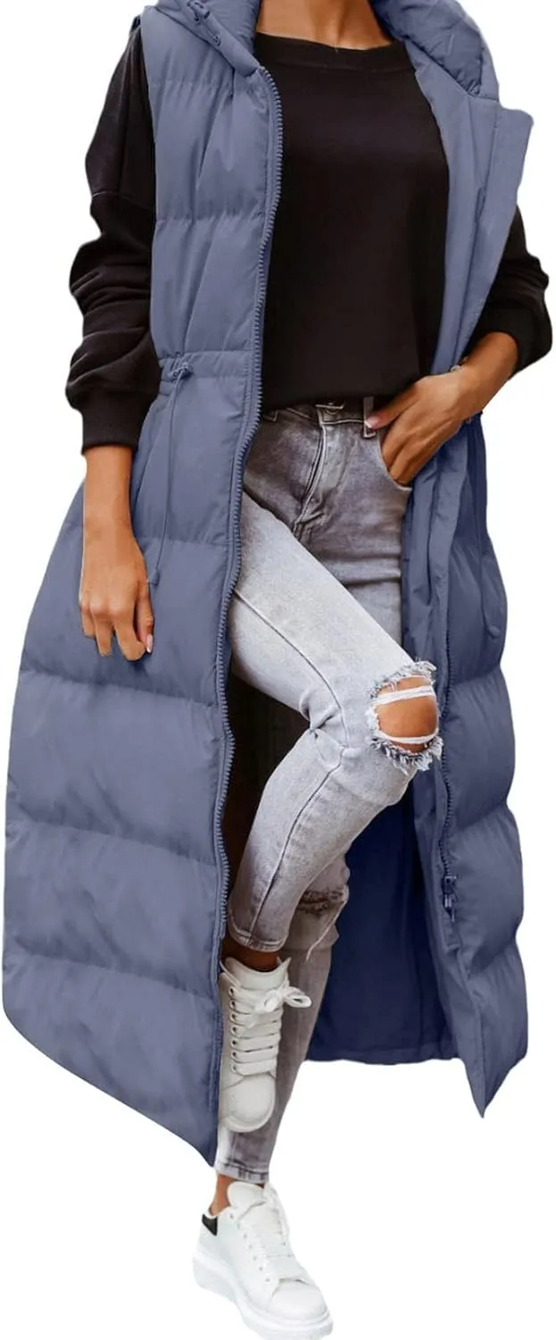 Women's Vest Coat Casual Sleeveless Oversized Long Jackets Solid Color Zip Up Down Jacket Quilted Outdoor Fleece Coat