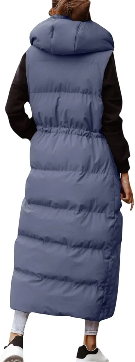 Women's Vest Coat Casual Sleeveless Oversized Long Jackets Solid Color Zip Up Down Jacket Quilted Outdoor Fleece Coat