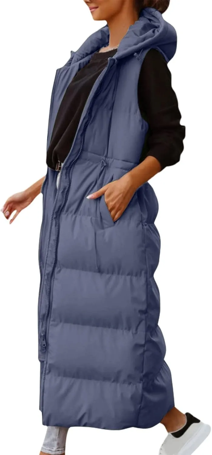 Women's Vest Coat Casual Sleeveless Oversized Long Jackets Solid Color Zip Up Down Jacket Quilted Outdoor Fleece Coat
