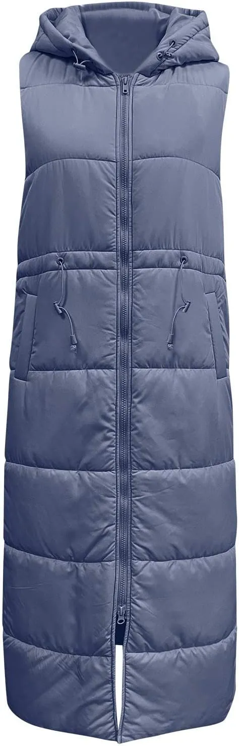 Women's Vest Coat Casual Sleeveless Oversized Long Jackets Solid Color Zip Up Down Jacket Quilted Outdoor Fleece Coat