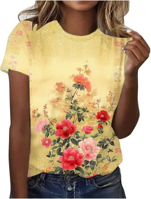 Women's Vintage Floral Tee Shirts 2025 Summer Tops Crewneck Short Sleeve T Shirts Dressy Casual Tunics Cute Blouses