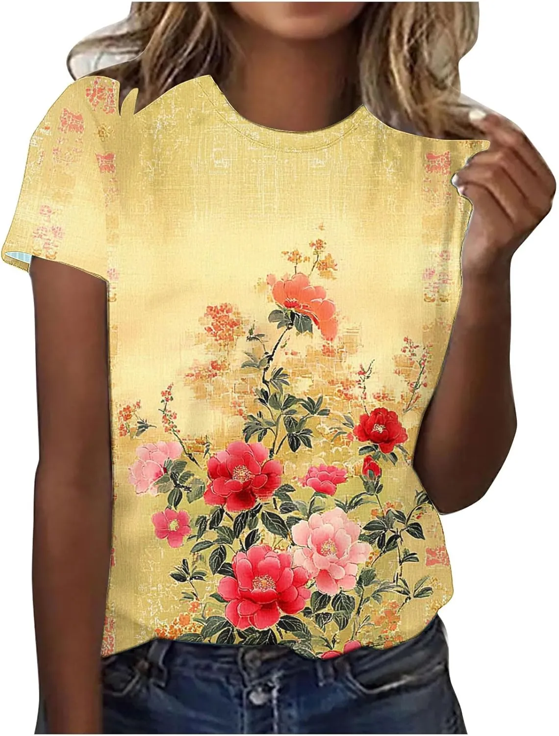 Women's Vintage Floral Tee Shirts 2025 Summer Tops Crewneck Short Sleeve T Shirts Dressy Casual Tunics Cute Blouses