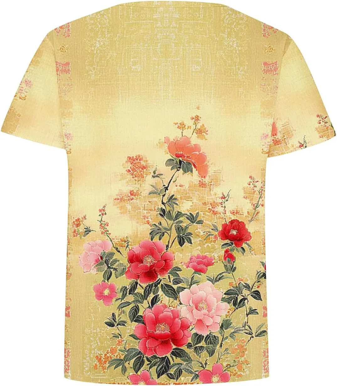 Women's Vintage Floral Tee Shirts 2025 Summer Tops Crewneck Short Sleeve T Shirts Dressy Casual Tunics Cute Blouses