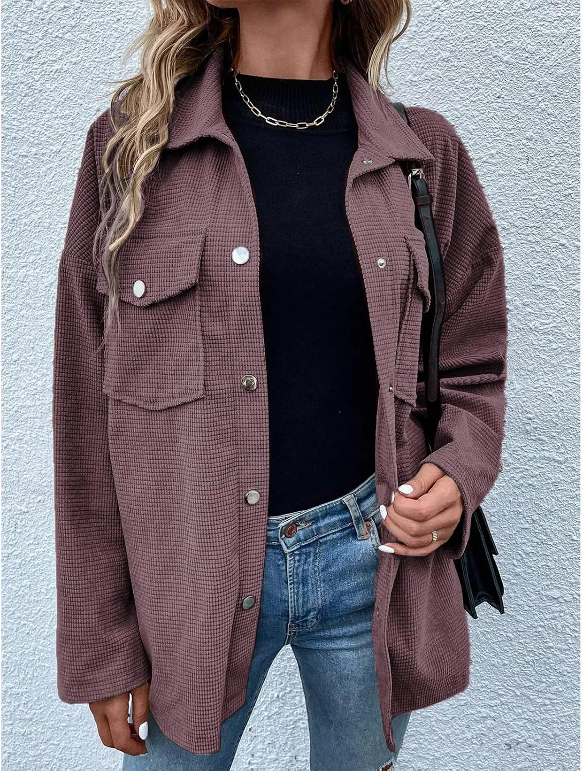 Womens Waffle Coat Casual Loose Button Down Long Sleeve Knit Shirts Oversized Shacket Jackets Tops with Pocket