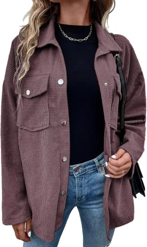 Womens Waffle Coat Casual Loose Button Down Long Sleeve Knit Shirts Oversized Shacket Jackets Tops with Pocket