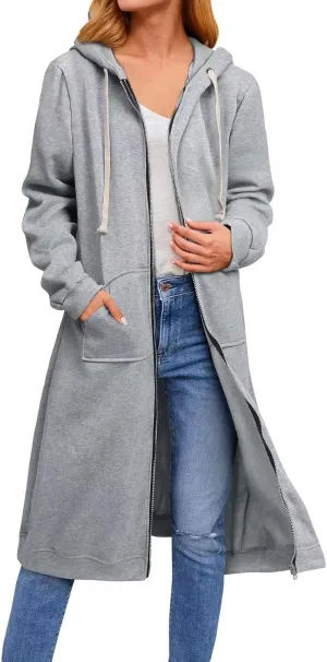 Womens Zip Up Hoodies Knee Length Tunic Sweatshirts Oversized Fleece Long Sleeve Jackets Workout Tops with Pockets