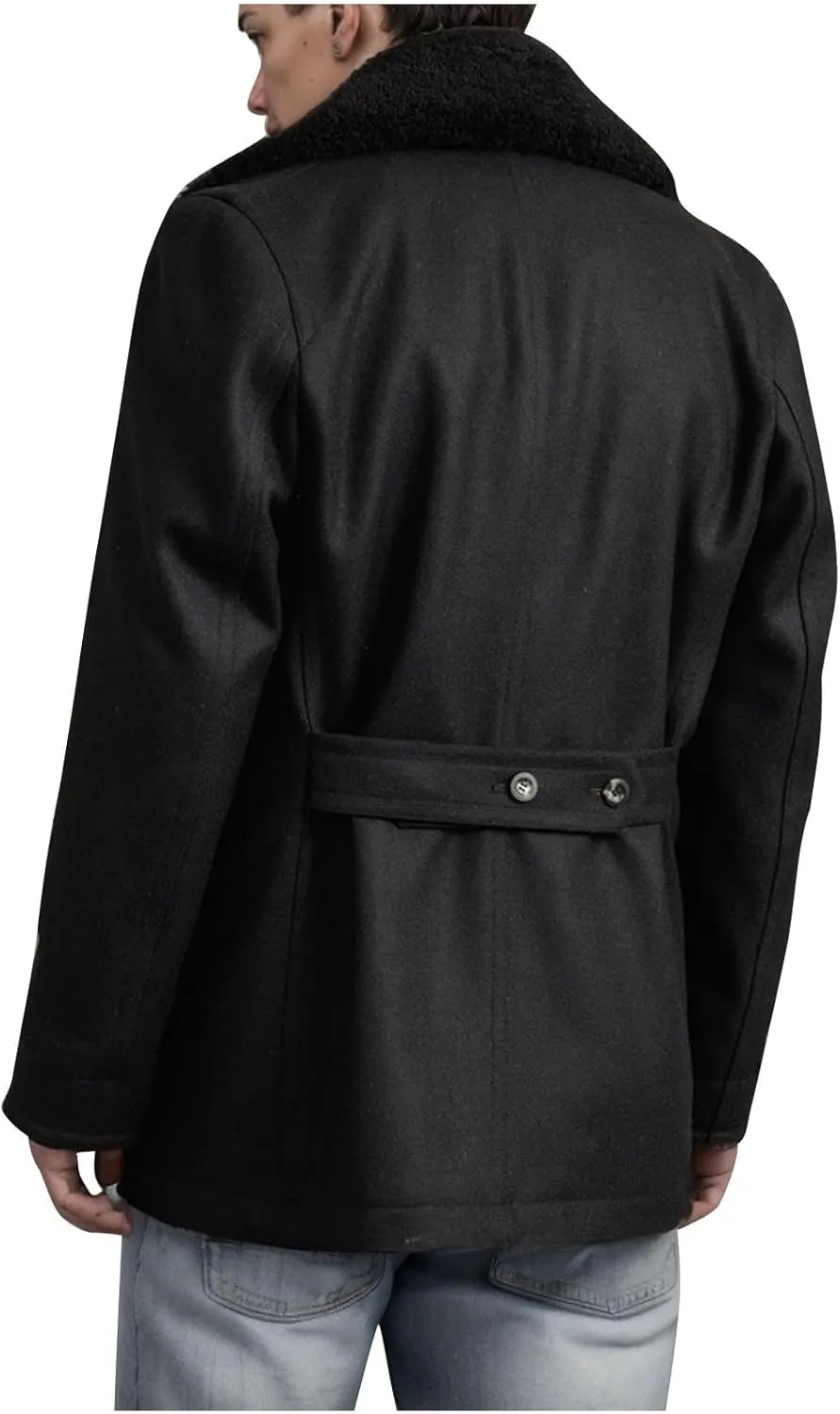 Xiaojmake Men's Windbreaker Winter Fall Leather Trench Coat Double Breasted Short Pea Coat with Faux Fur Collar Over Coat