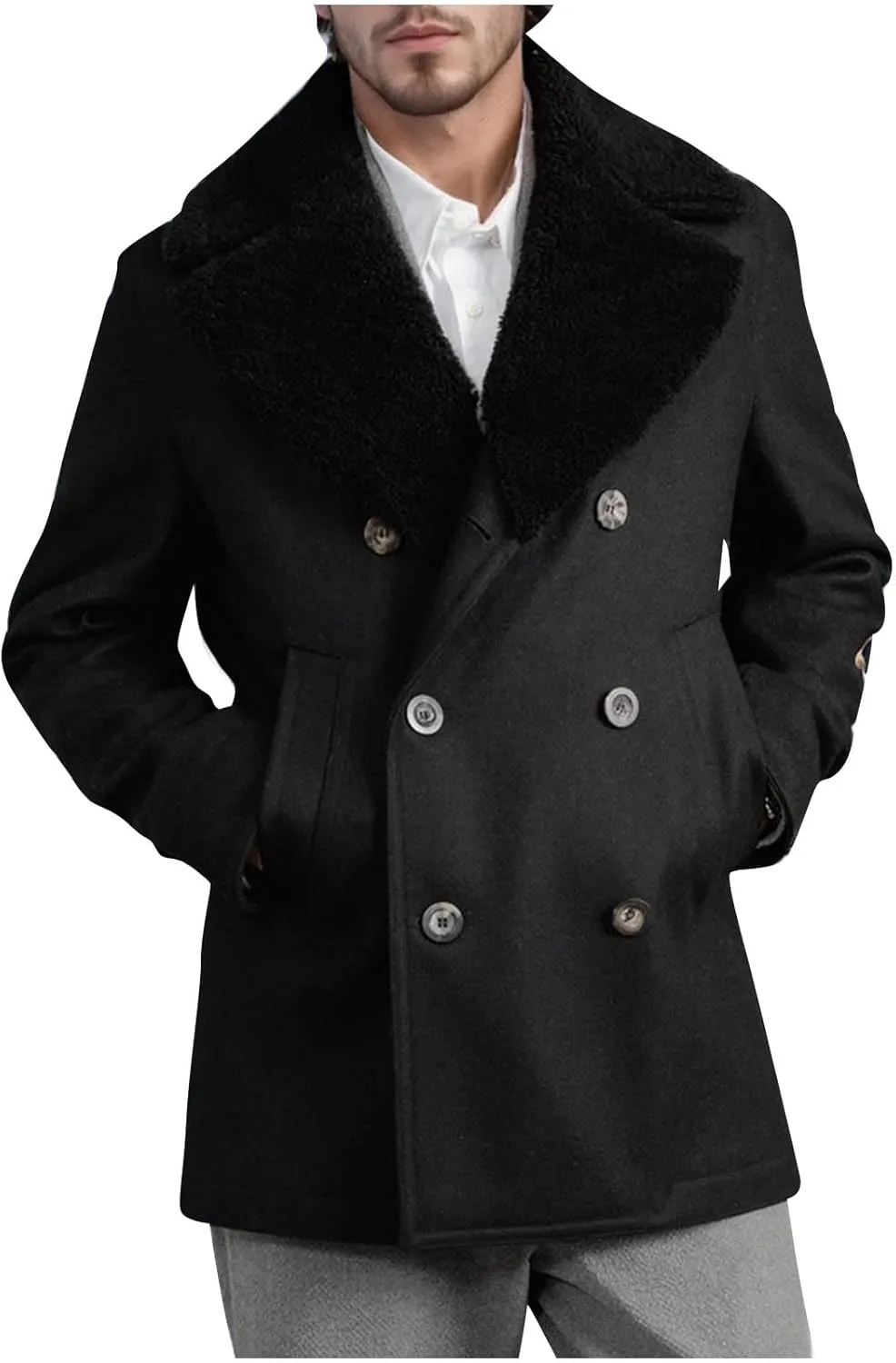 Xiaojmake Men's Windbreaker Winter Fall Leather Trench Coat Double Breasted Short Pea Coat with Faux Fur Collar Over Coat