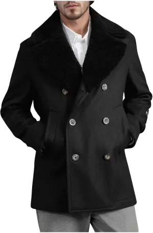 Xiaojmake Men's Windbreaker Winter Fall Leather Trench Coat Double Breasted Short Pea Coat with Faux Fur Collar Over Coat