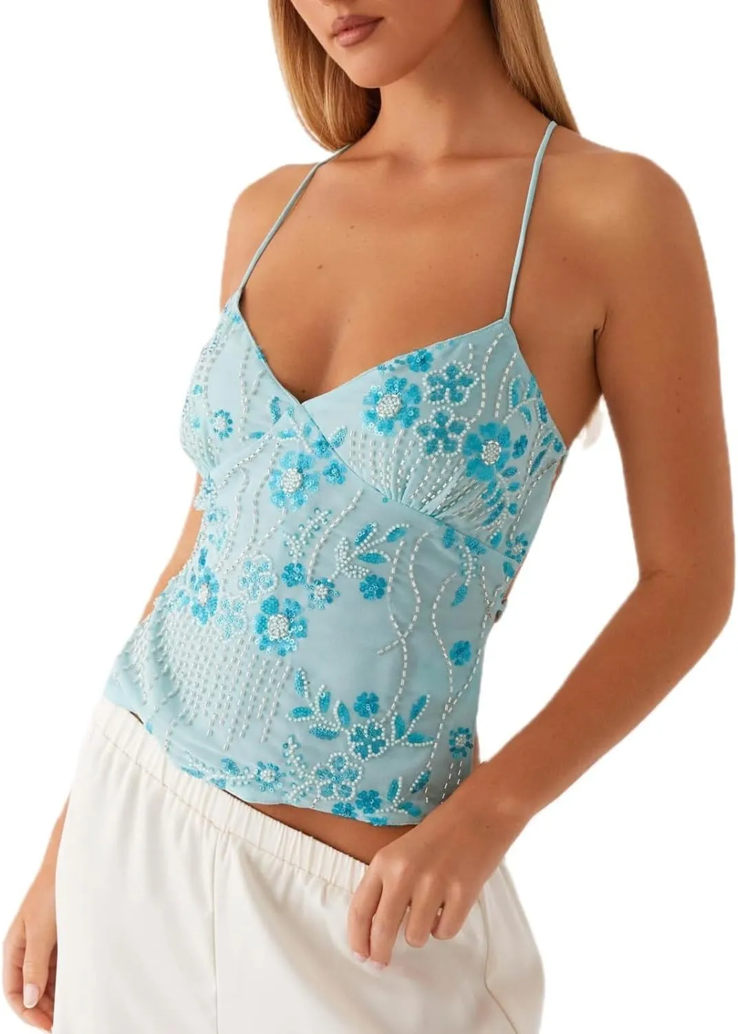 Y2K Sequin Cami Top Women Sexy Sparkle V Neck Open Back Tank Cute Criss Cross Straps Backless Low Cut Summer Crop Tops