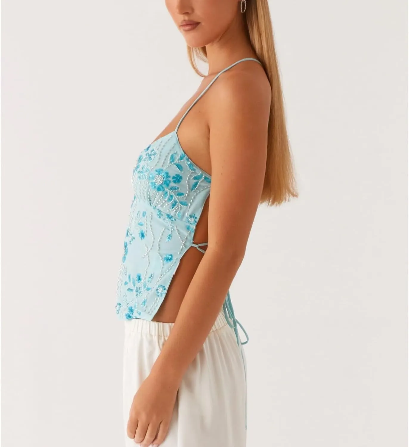 Y2K Sequin Cami Top Women Sexy Sparkle V Neck Open Back Tank Cute Criss Cross Straps Backless Low Cut Summer Crop Tops