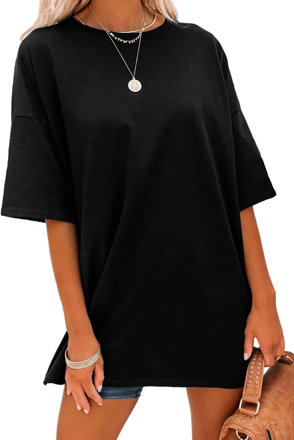 YEXIPO Women's Oversized T Shirts Summer Short Sleeve Loose Fit Casual Crewneck Plain Tunic Tops