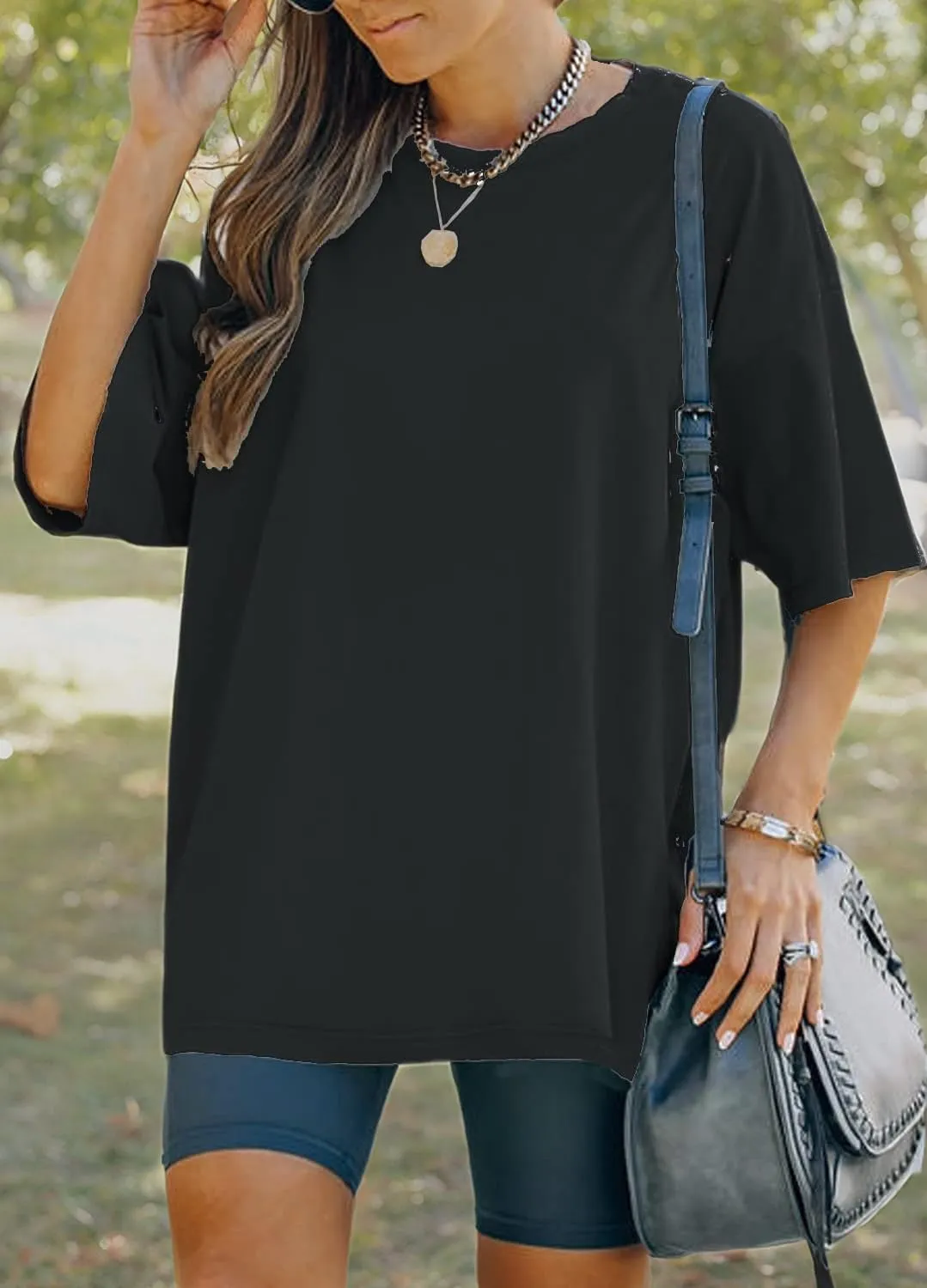 YEXIPO Women's Oversized T Shirts Summer Short Sleeve Loose Fit Casual Crewneck Plain Tunic Tops