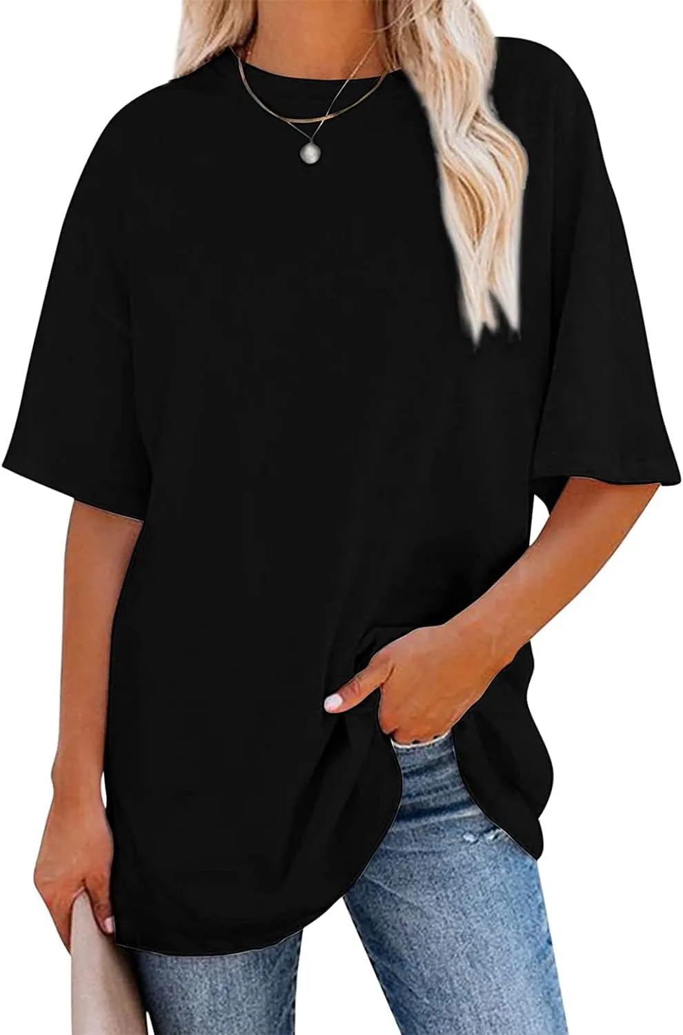 YEXIPO Women's Oversized T Shirts Summer Short Sleeve Loose Fit Casual Crewneck Plain Tunic Tops