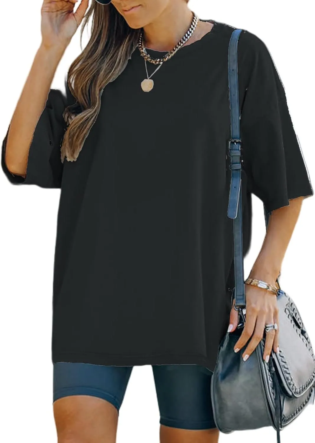 YEXIPO Women's Oversized T Shirts Summer Short Sleeve Loose Fit Casual Crewneck Plain Tunic Tops