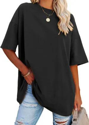 YEXIPO Women's Oversized T Shirts Summer Short Sleeve Loose Fit Casual Crewneck Plain Tunic Tops