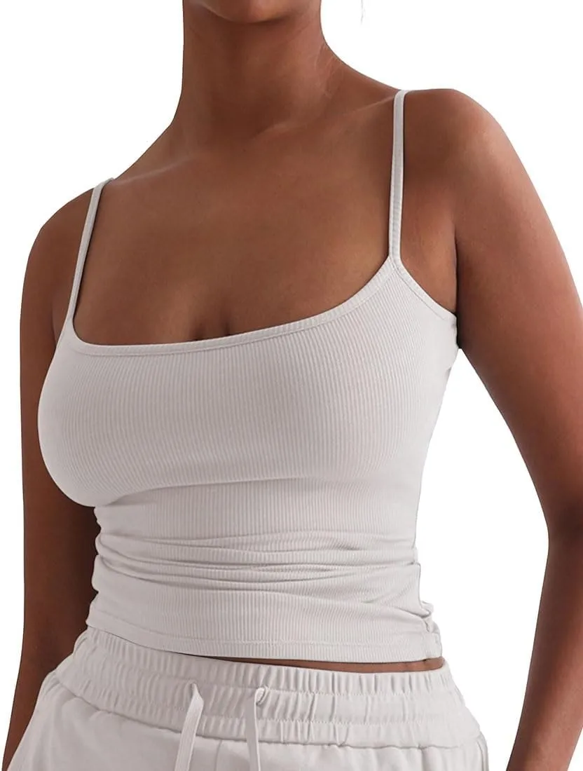 YFANG Women's Basic Spaghetti Straps Ribbed Knit Tank Top Casual Slim Fit Sleeveless Camisole Crop Top