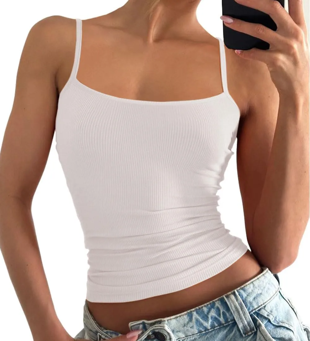 YFANG Women's Basic Spaghetti Straps Ribbed Knit Tank Top Casual Slim Fit Sleeveless Camisole Crop Top