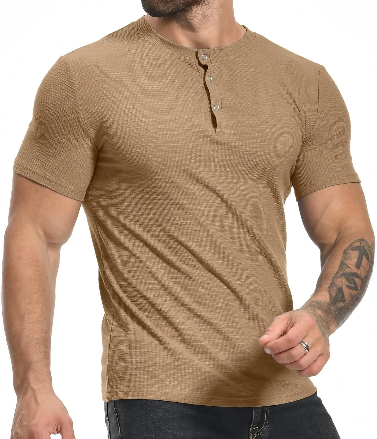 YTD Men's Muscle T Shirts Stretch Short Sleeve Workout Tee Casual Slim Fit Henley Shirt