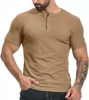 YTD Men's Muscle T Shirts Stretch Short Sleeve Workout Tee Casual Slim Fit Henley Shirt