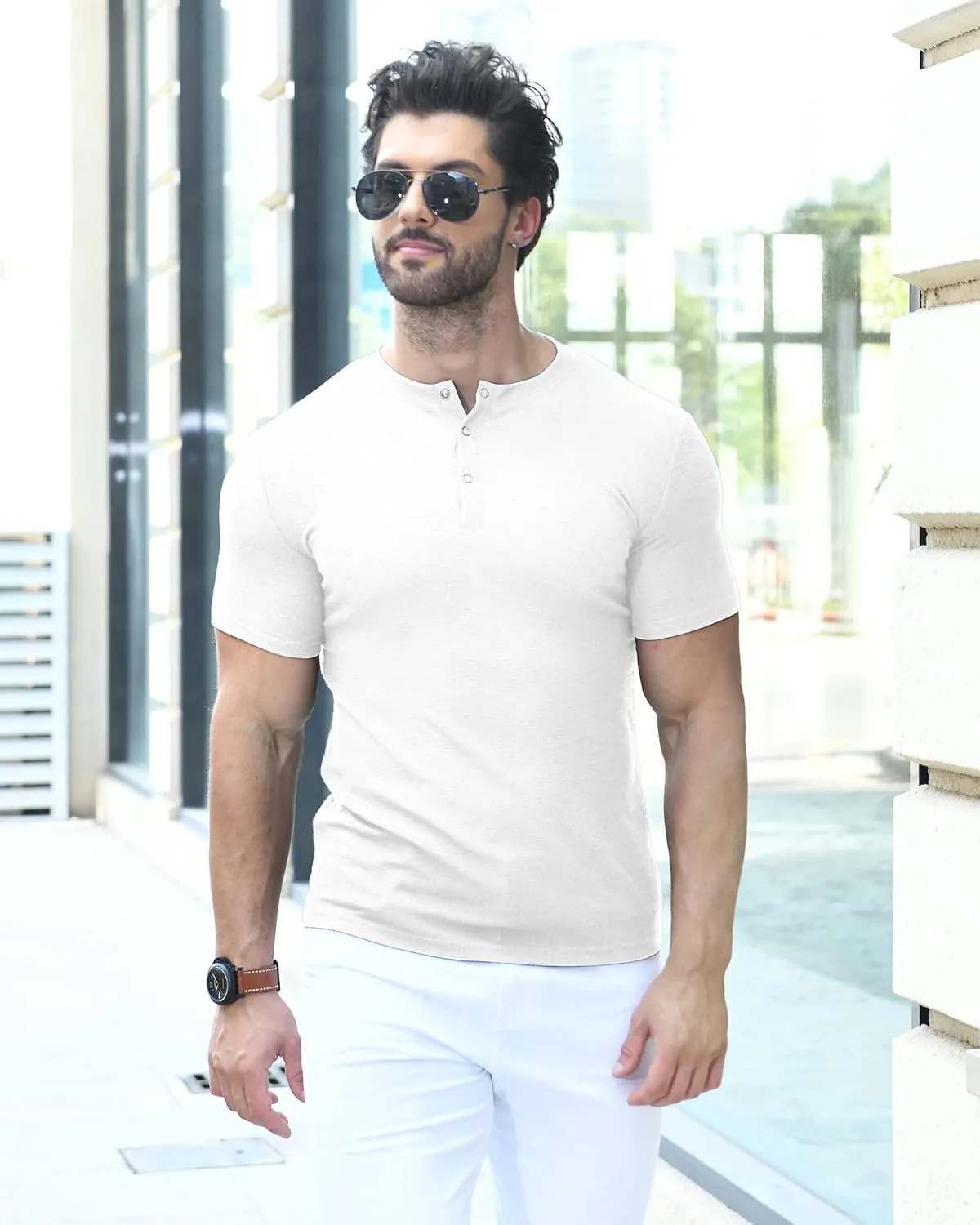 YTD Men's Muscle T Shirts Stretch Short Sleeve Workout Tee Casual Slim Fit Henley Shirt