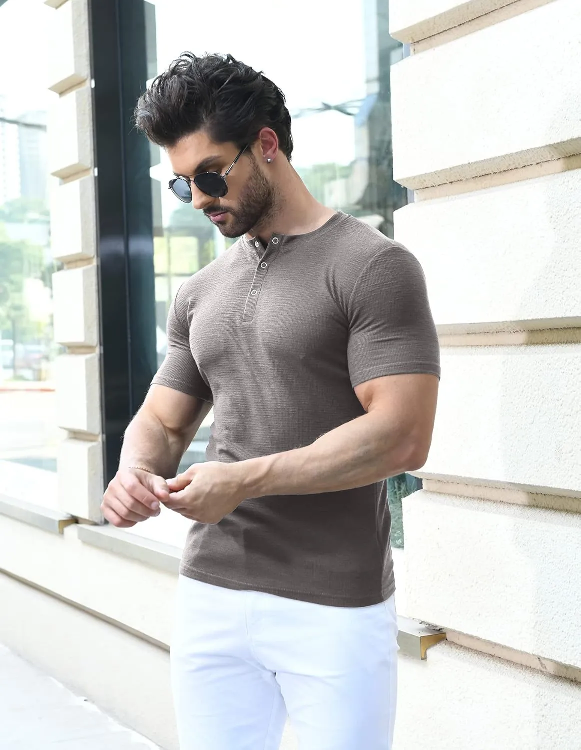 YTD Men's Muscle T Shirts Stretch Short Sleeve Workout Tee Casual Slim Fit Henley Shirt
