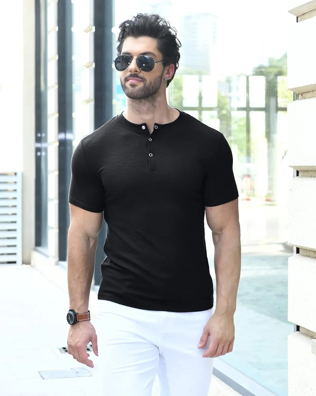 YTD Men's Muscle T Shirts Stretch Short Sleeve Workout Tee Casual Slim Fit Henley Shirt