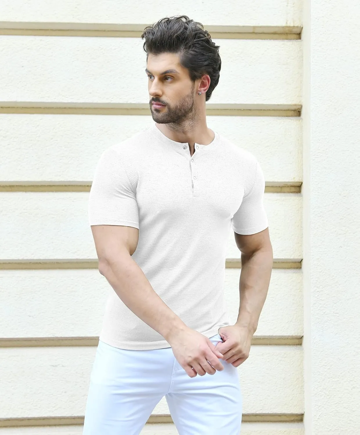 YTD Men's Muscle T Shirts Stretch Short Sleeve Workout Tee Casual Slim Fit Henley Shirt