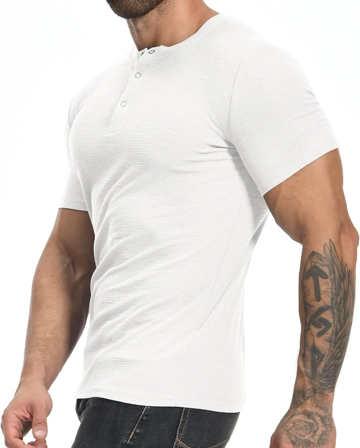 YTD Men's Muscle T Shirts Stretch Short Sleeve Workout Tee Casual Slim Fit Henley Shirt