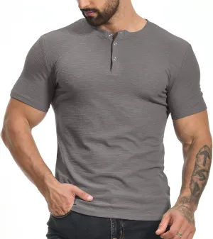 YTD Men's Muscle T Shirts Stretch Short Sleeve Workout Tee Casual Slim Fit Henley Shirt
