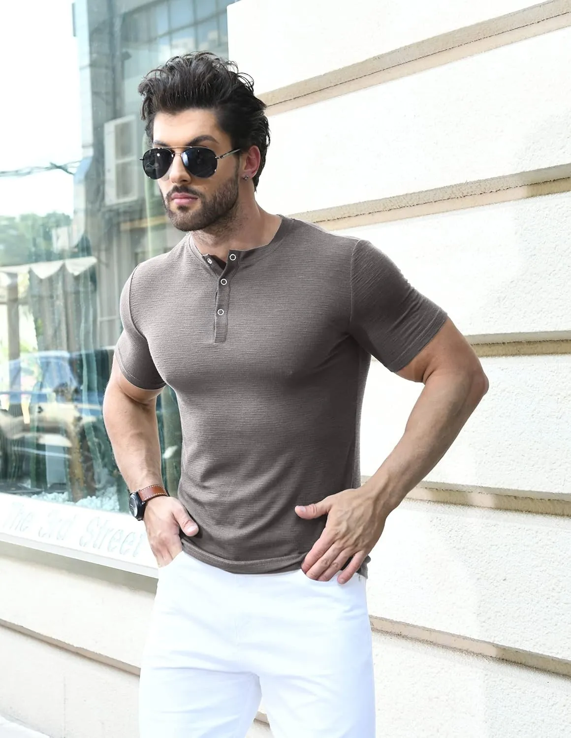 YTD Men's Muscle T Shirts Stretch Short Sleeve Workout Tee Casual Slim Fit Henley Shirt