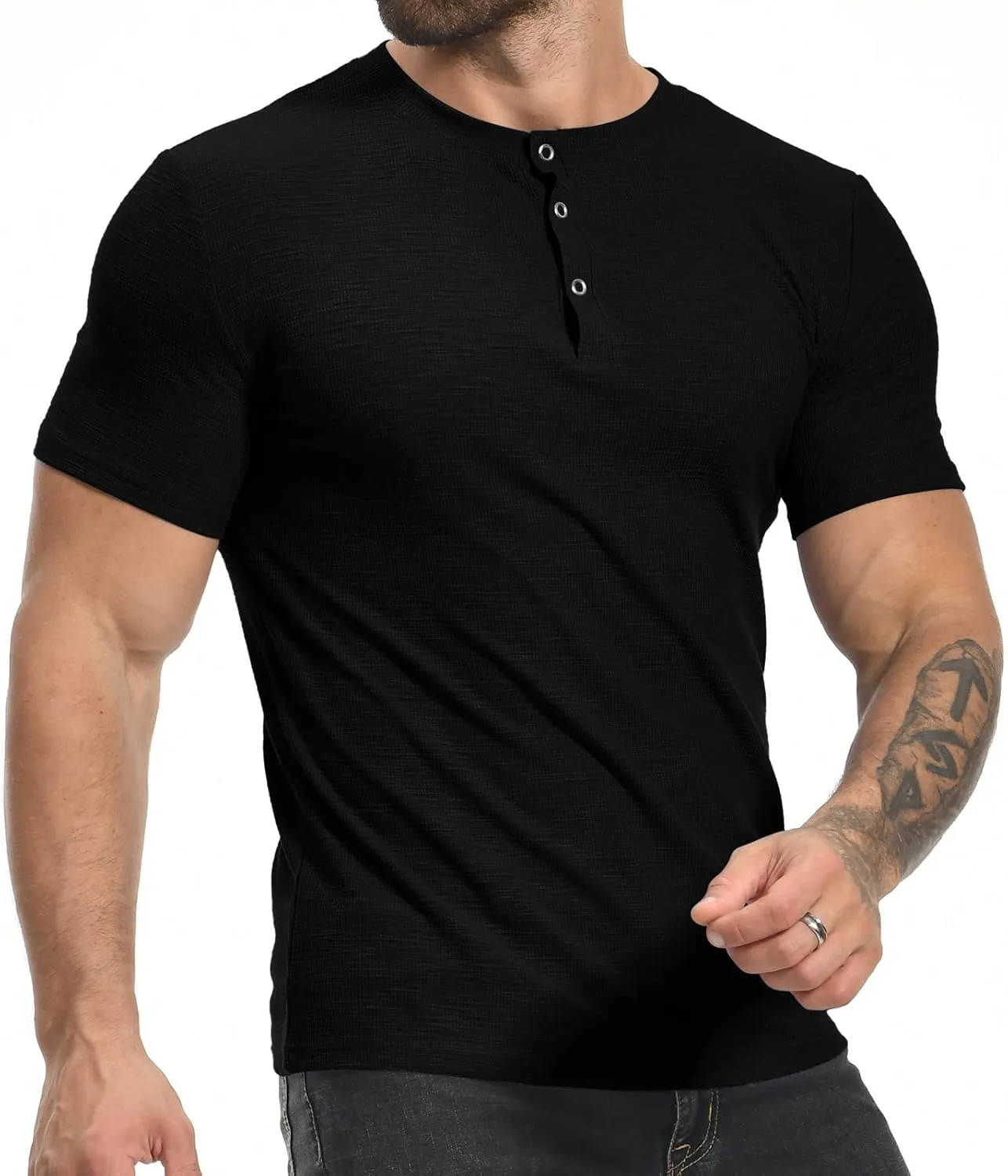 YTD Men's Muscle T Shirts Stretch Short Sleeve Workout Tee Casual Slim Fit Henley Shirt