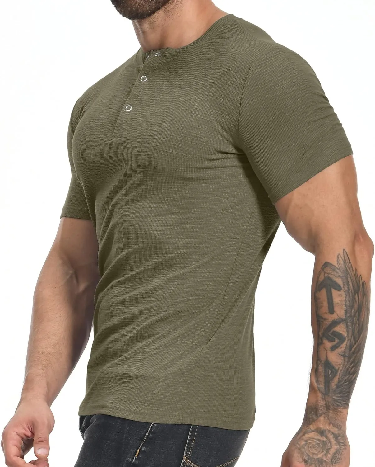 YTD Men's Muscle T Shirts Stretch Short Sleeve Workout Tee Casual Slim Fit Henley Shirt