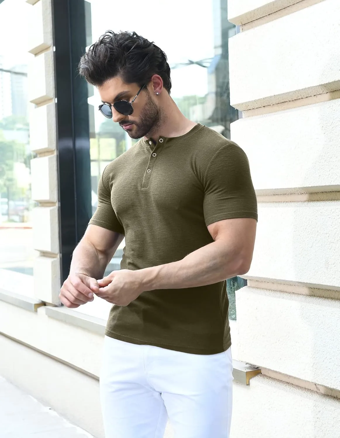 YTD Men's Muscle T Shirts Stretch Short Sleeve Workout Tee Casual Slim Fit Henley Shirt
