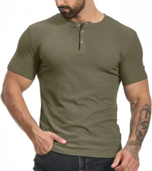 YTD Men's Muscle T Shirts Stretch Short Sleeve Workout Tee Casual Slim Fit Henley Shirt