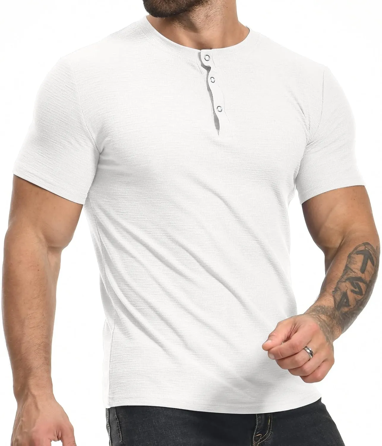 YTD Men's Muscle T Shirts Stretch Short Sleeve Workout Tee Casual Slim Fit Henley Shirt