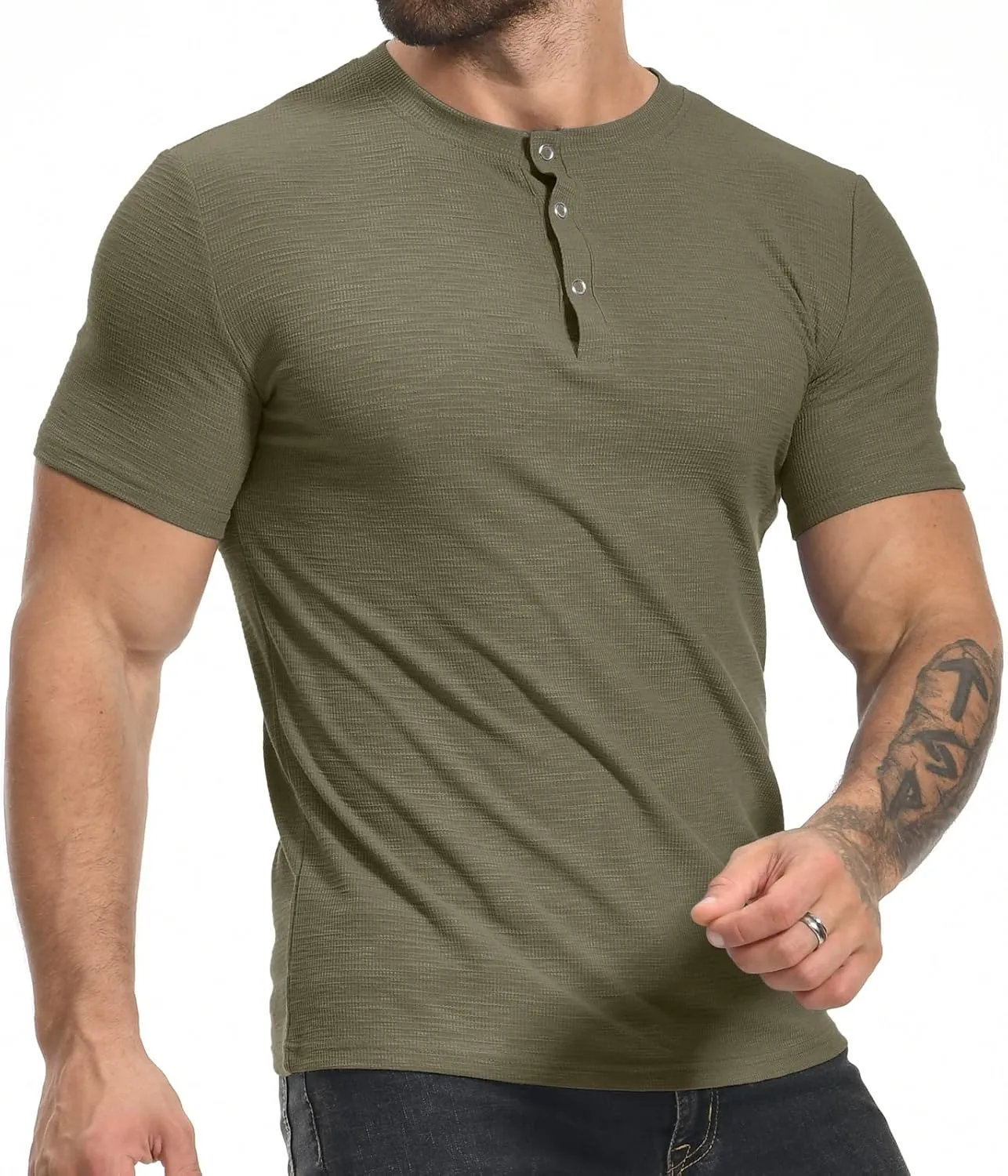 YTD Men's Muscle T Shirts Stretch Short Sleeve Workout Tee Casual Slim Fit Henley Shirt