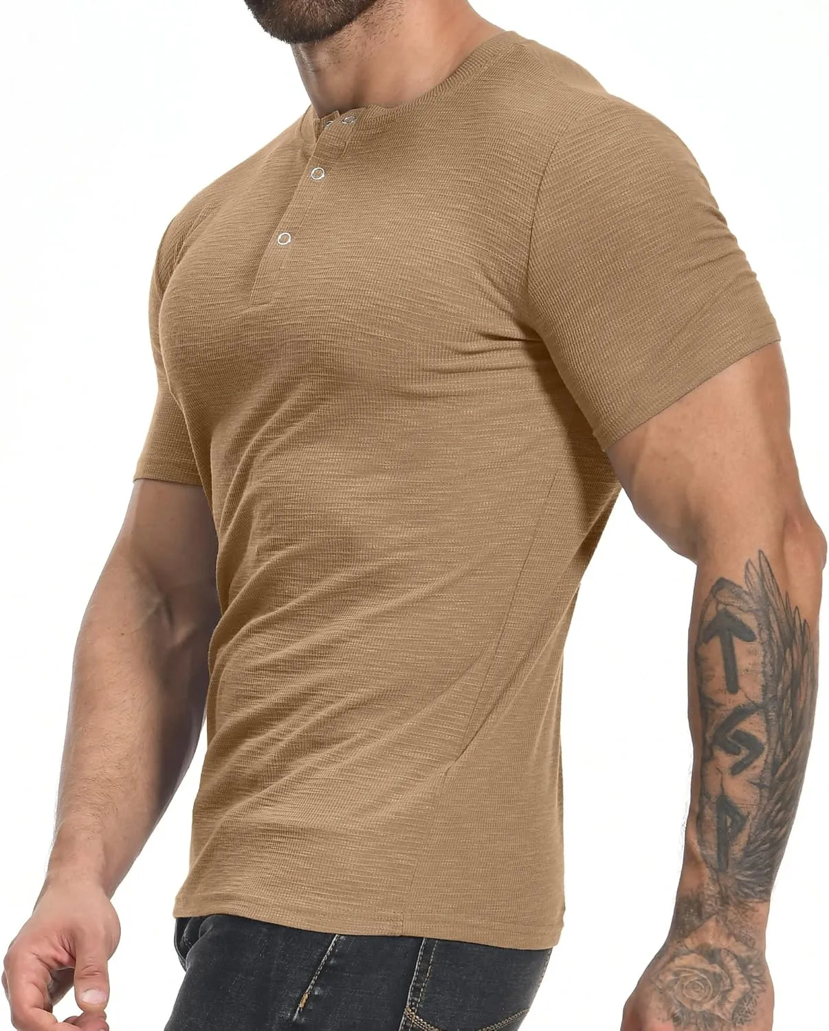 YTD Men's Muscle T Shirts Stretch Short Sleeve Workout Tee Casual Slim Fit Henley Shirt