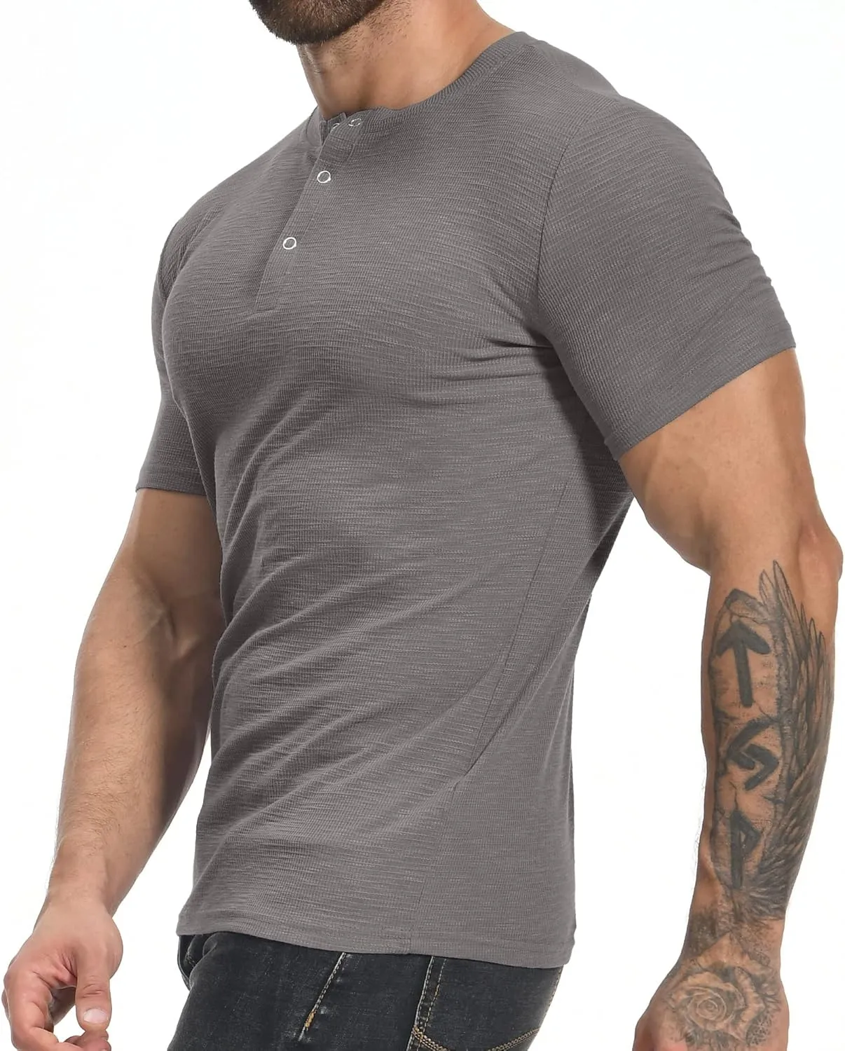 YTD Men's Muscle T Shirts Stretch Short Sleeve Workout Tee Casual Slim Fit Henley Shirt