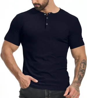 YTD Men's Muscle T Shirts Stretch Short Sleeve Workout Tee Casual Slim Fit Henley Shirt