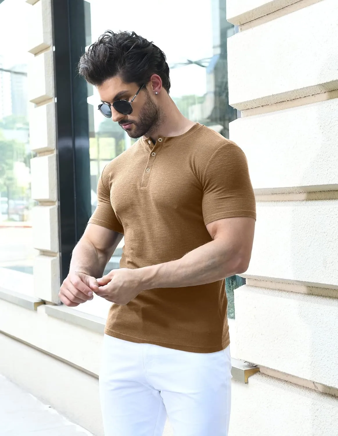 YTD Men's Muscle T Shirts Stretch Short Sleeve Workout Tee Casual Slim Fit Henley Shirt