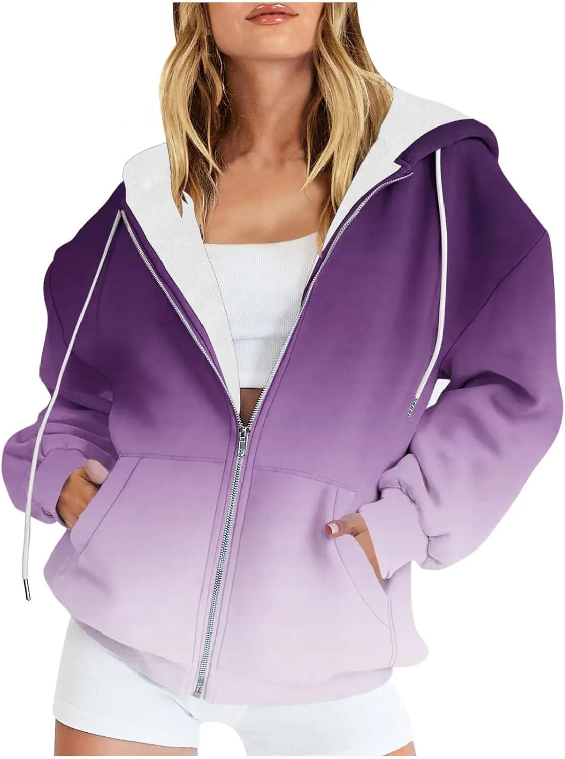 Zip Up Hoodie for Women Gradient Colors Y2K Sweatshirt Hoodies Sweater Casual Fleece Lined Track Jackets with Pockets