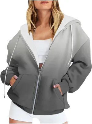 Zip Up Hoodie for Women Gradient Colors Y2K Sweatshirt Hoodies Sweater Casual Fleece Lined Track Jackets with Pockets